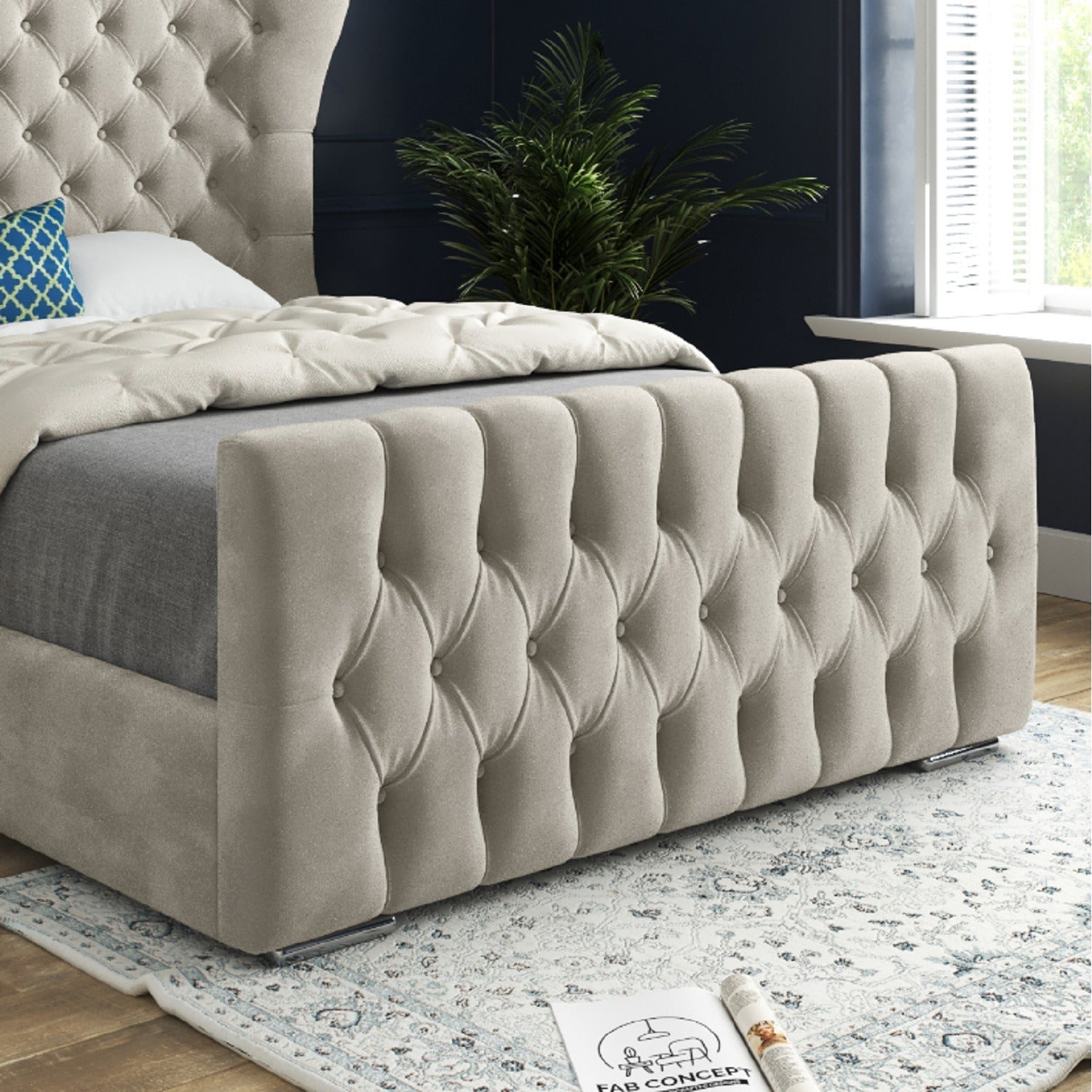 Wingback Wide Curved Upholstered Soft Velvet Fabric Button Bed Frame (Cream)