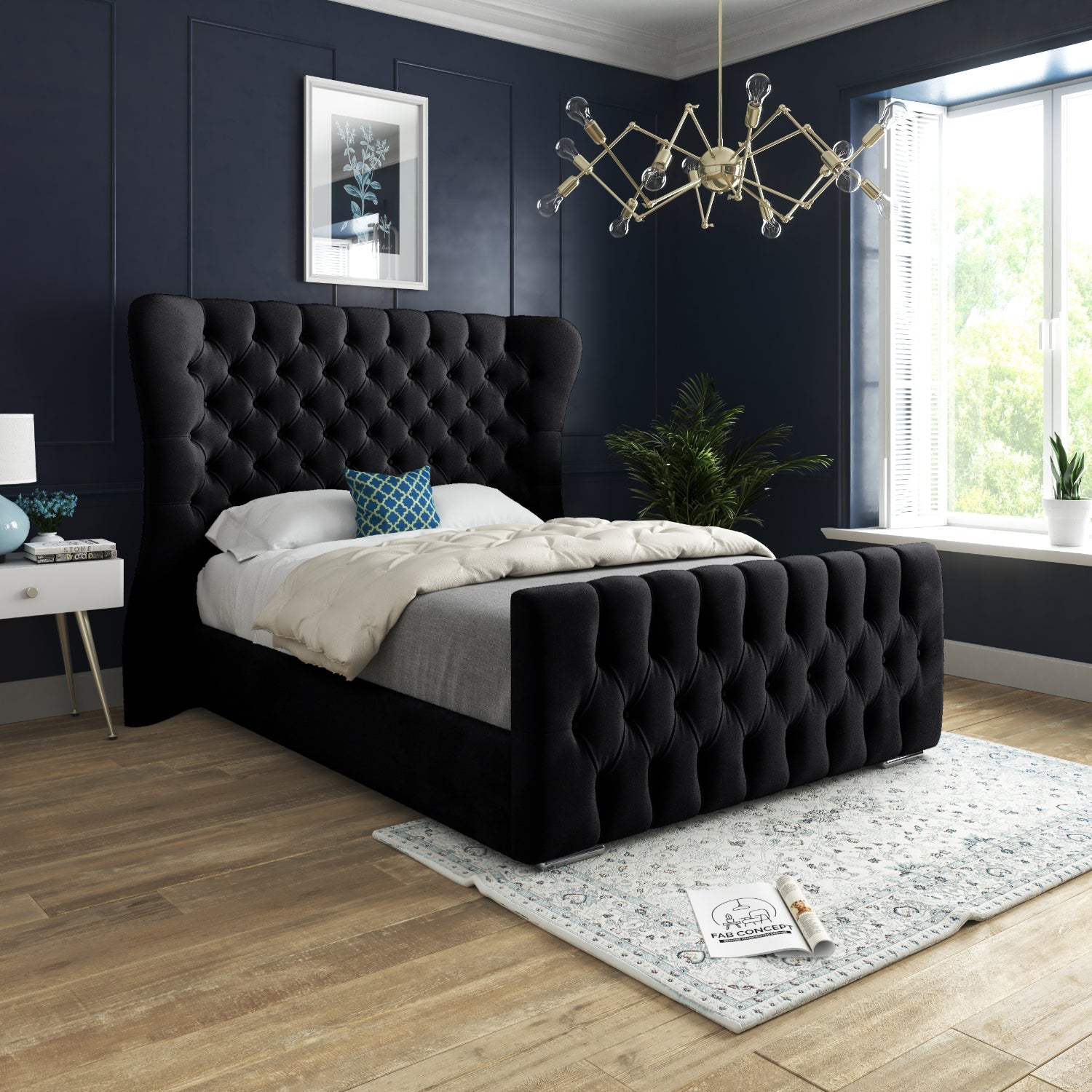 Wingback Wide Curved Upholstered Soft Velvet Fabric Button Bed Frame (Black)