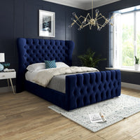 Wingback Wide Curved Upholstered Soft Velvet Fabric Button Bed Frame (Blue)