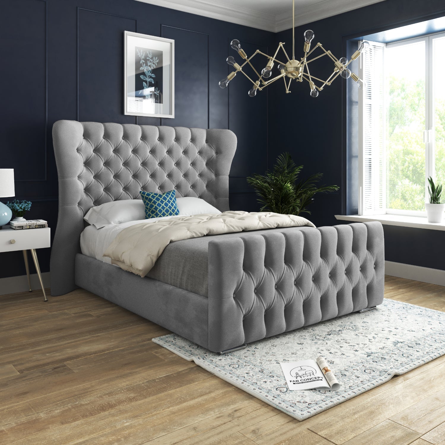 Wingback Wide Curved Upholstered Soft Velvet Fabric Button Bed Frame (Grey)