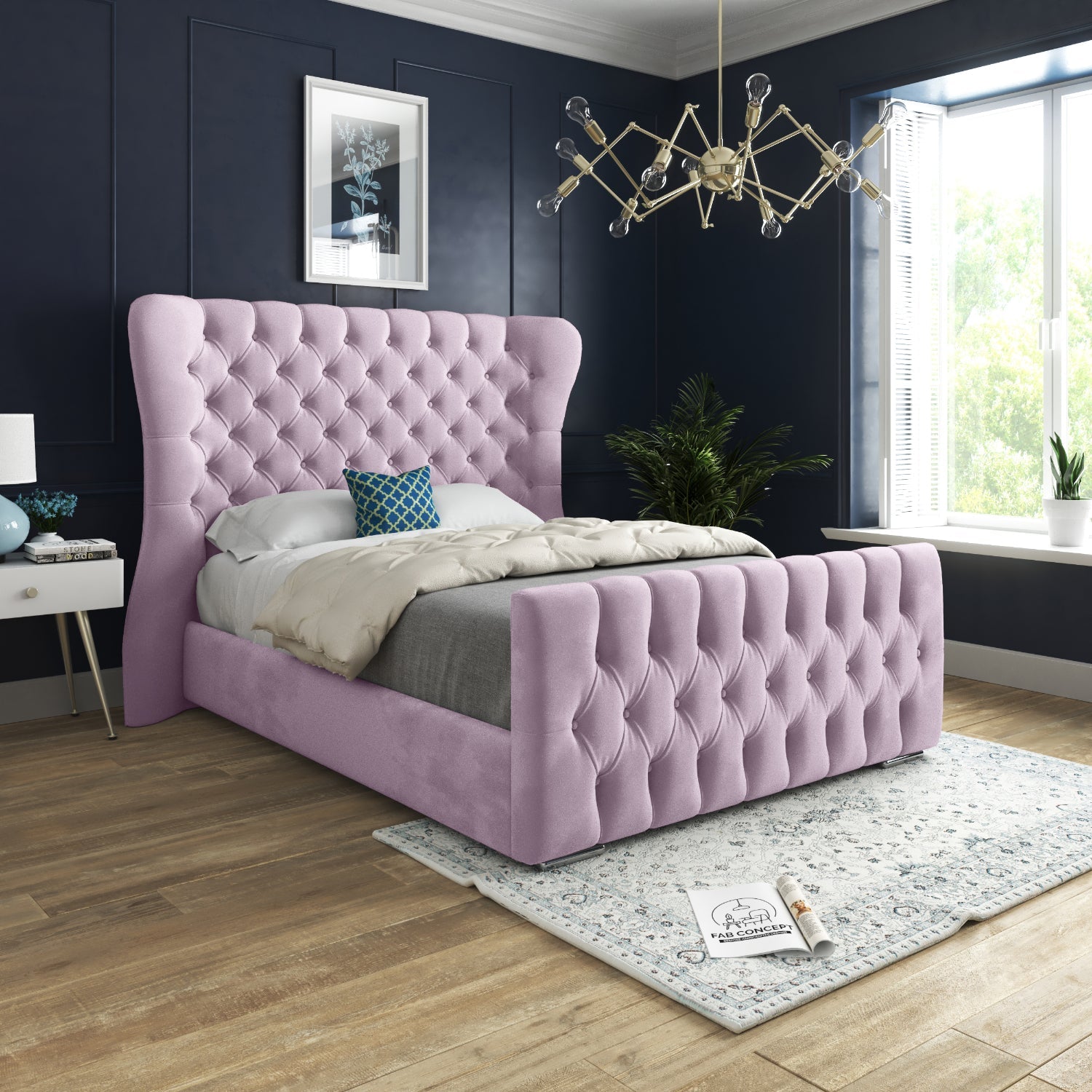 Wingback Wide Curved Upholstered Soft Velvet Fabric Button Bed Frame (Pink)