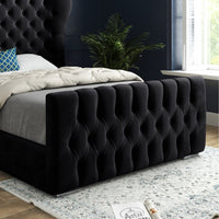 Wingback Wide Curved Upholstered Soft Velvet Fabric Button Bed Frame (Black)