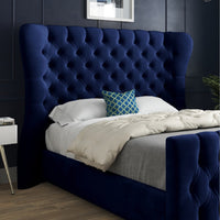 Wingback Wide Curved Upholstered Soft Velvet Fabric Button Bed Frame (Blue)