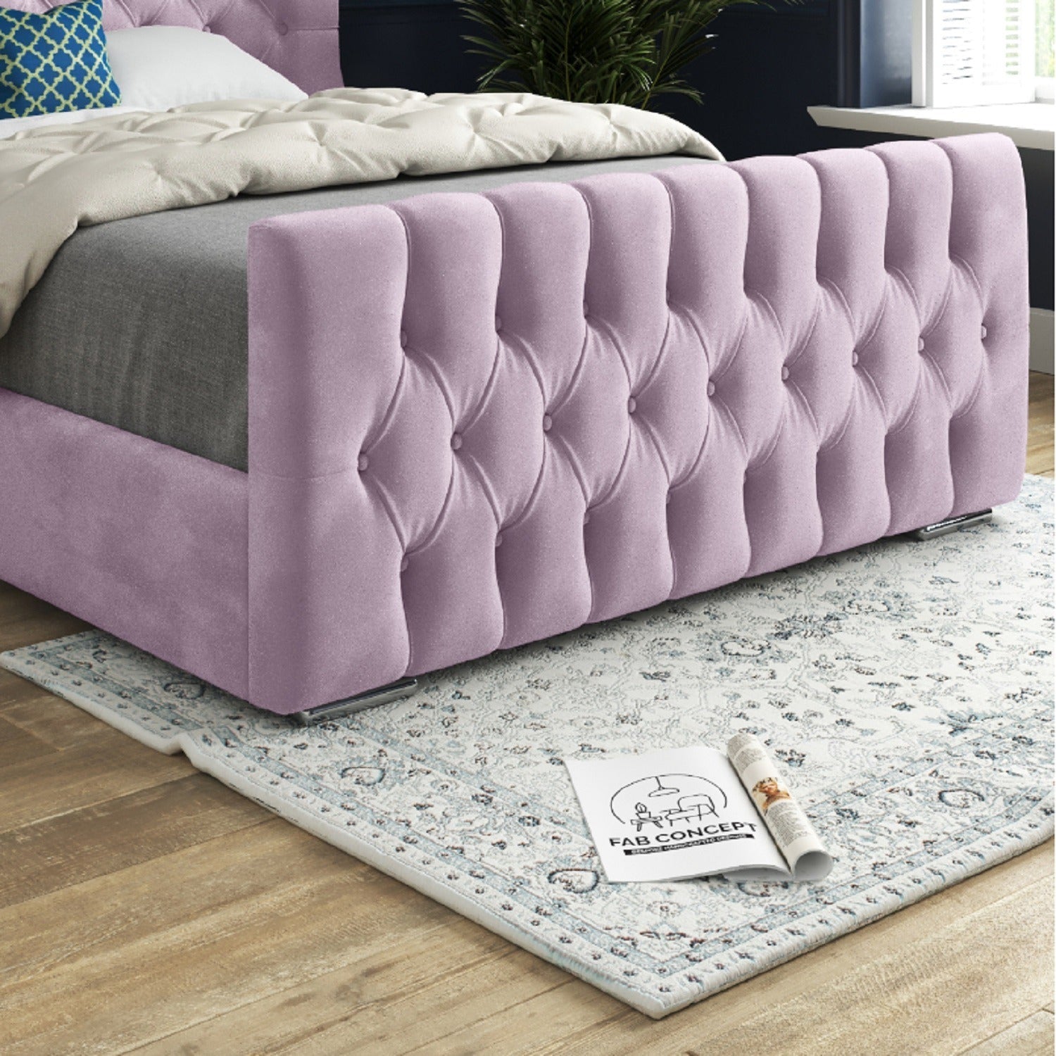 Wingback Wide Curved Upholstered Soft Velvet Fabric Button Bed Frame (Pink)