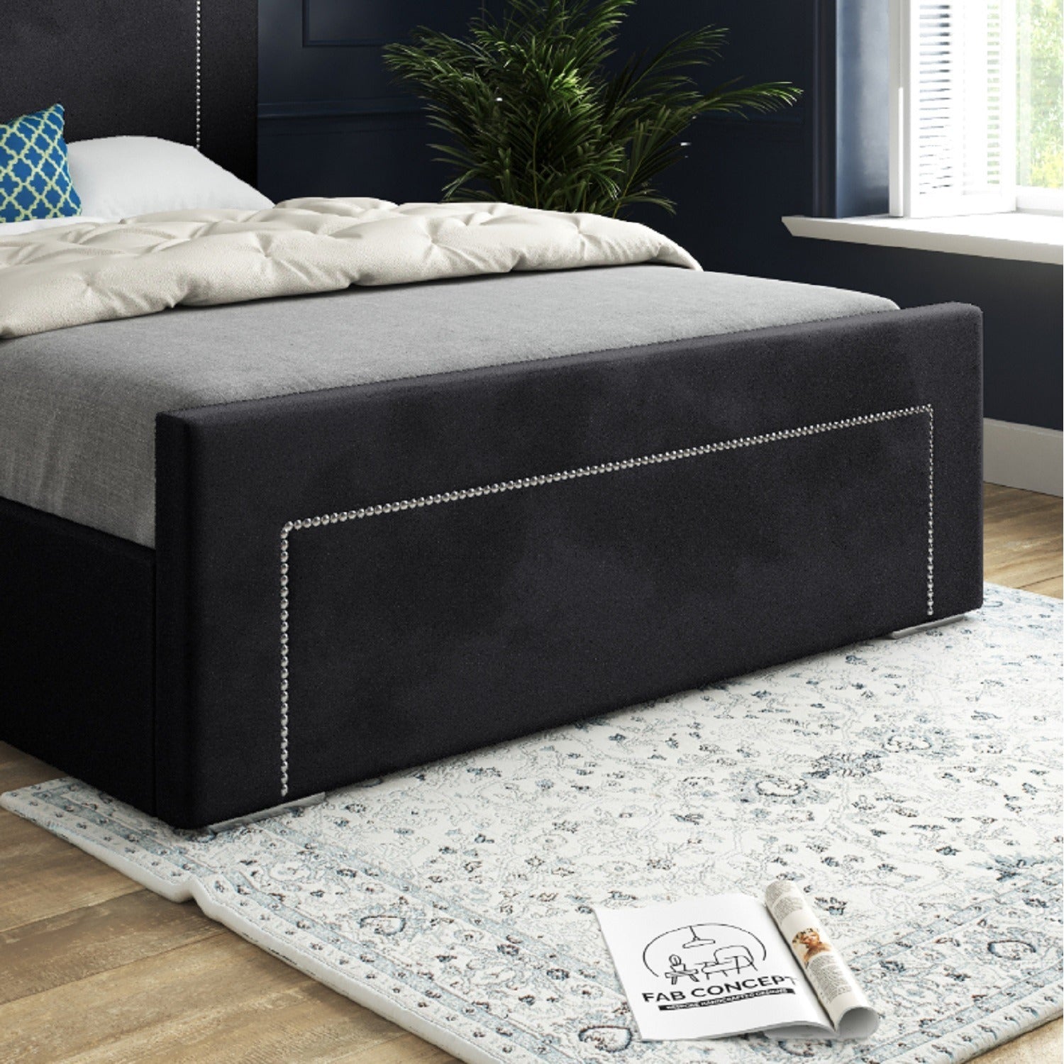 Laura Beaded-Stud Upholstered Soft Velvet Fabric Bed Frame (Black)