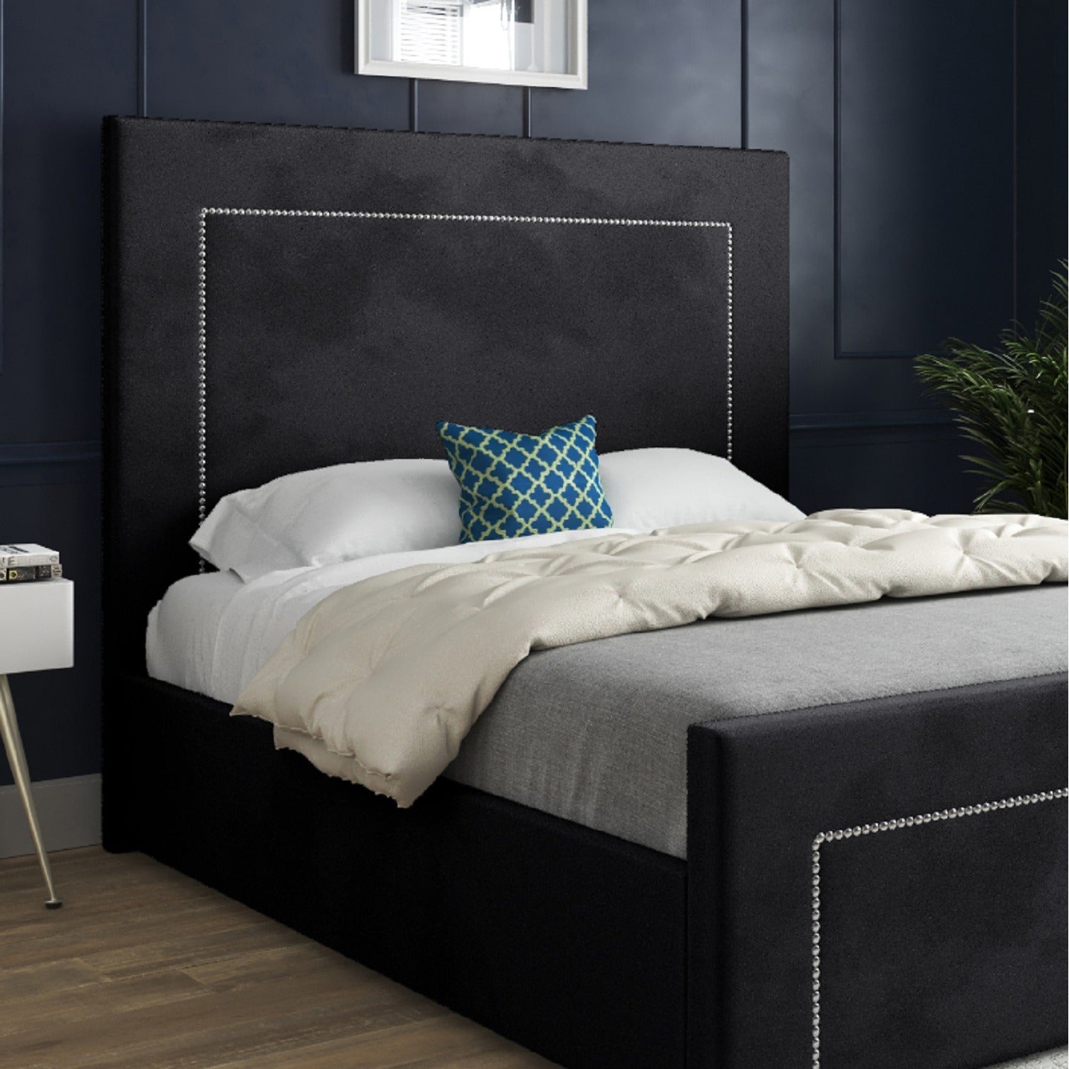 Laura Beaded-Stud Upholstered Soft Velvet Fabric Bed Frame (Black)