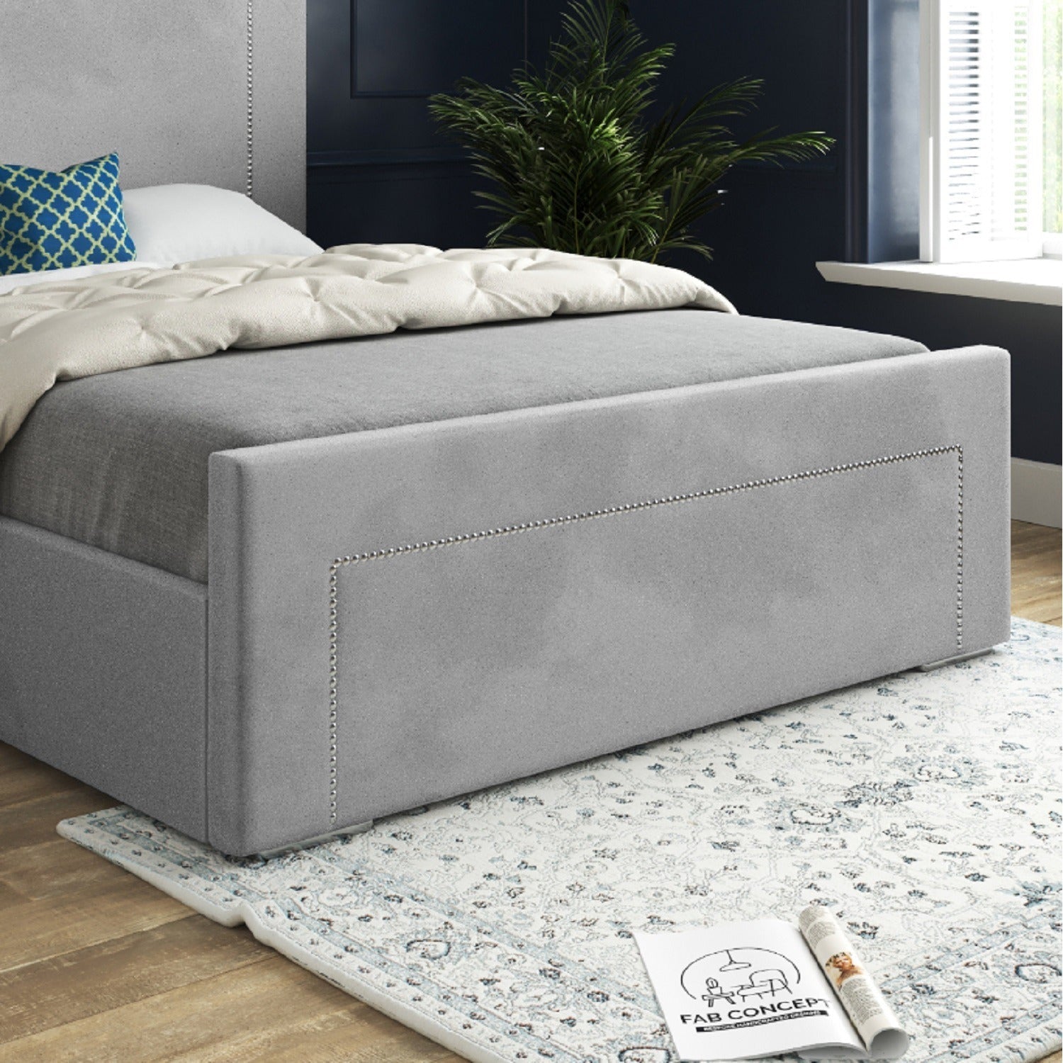 Laura Beaded-Stud Upholstered Soft Velvet Fabric Bed Frame (Grey)