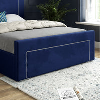 Laura Beaded-Stud Upholstered Soft Velvet Fabric Bed Frame (Blue)