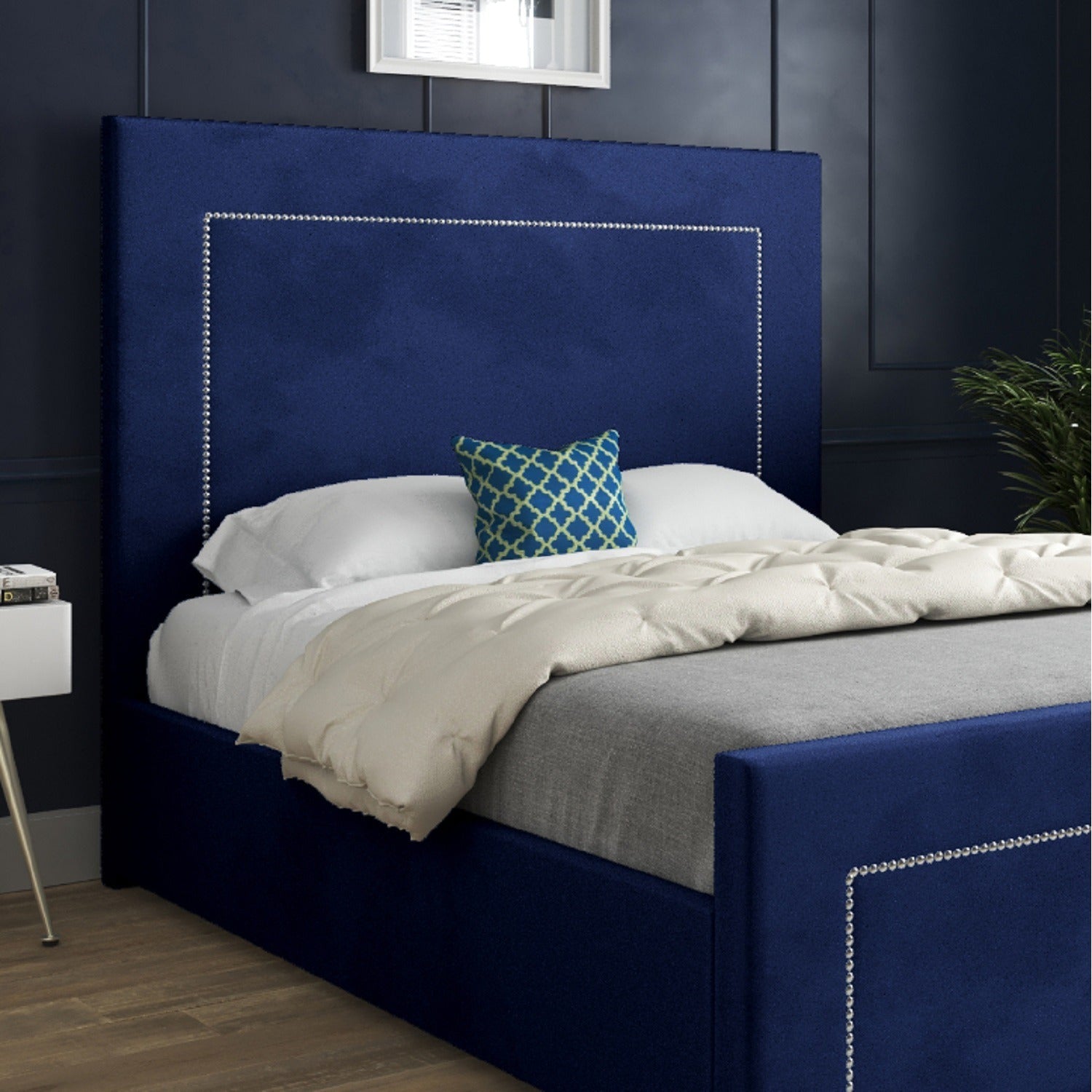 Laura Beaded-Stud Upholstered Soft Velvet Fabric Bed Frame (Blue)