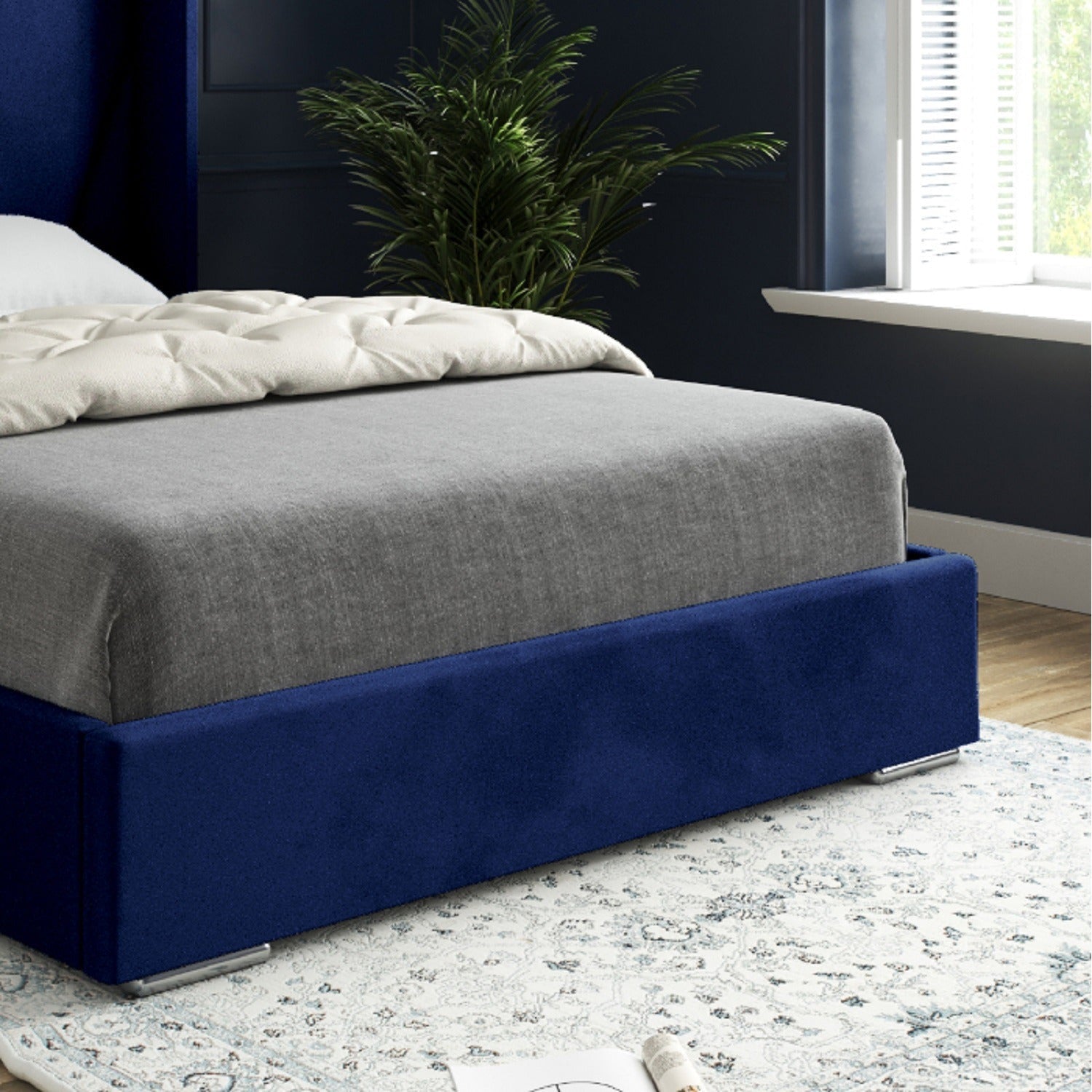 Vienna Wide Curved Winged Upholstered Soft Velvet Fabric Bed Frame (Blue)