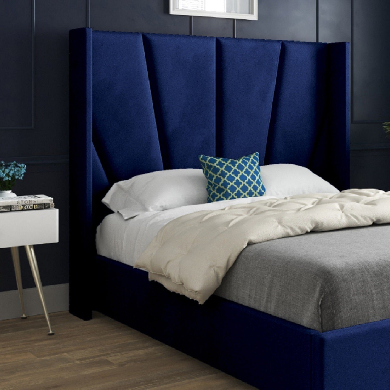 Vienna Wide Curved Winged Upholstered Soft Velvet Fabric Bed Frame (Blue)