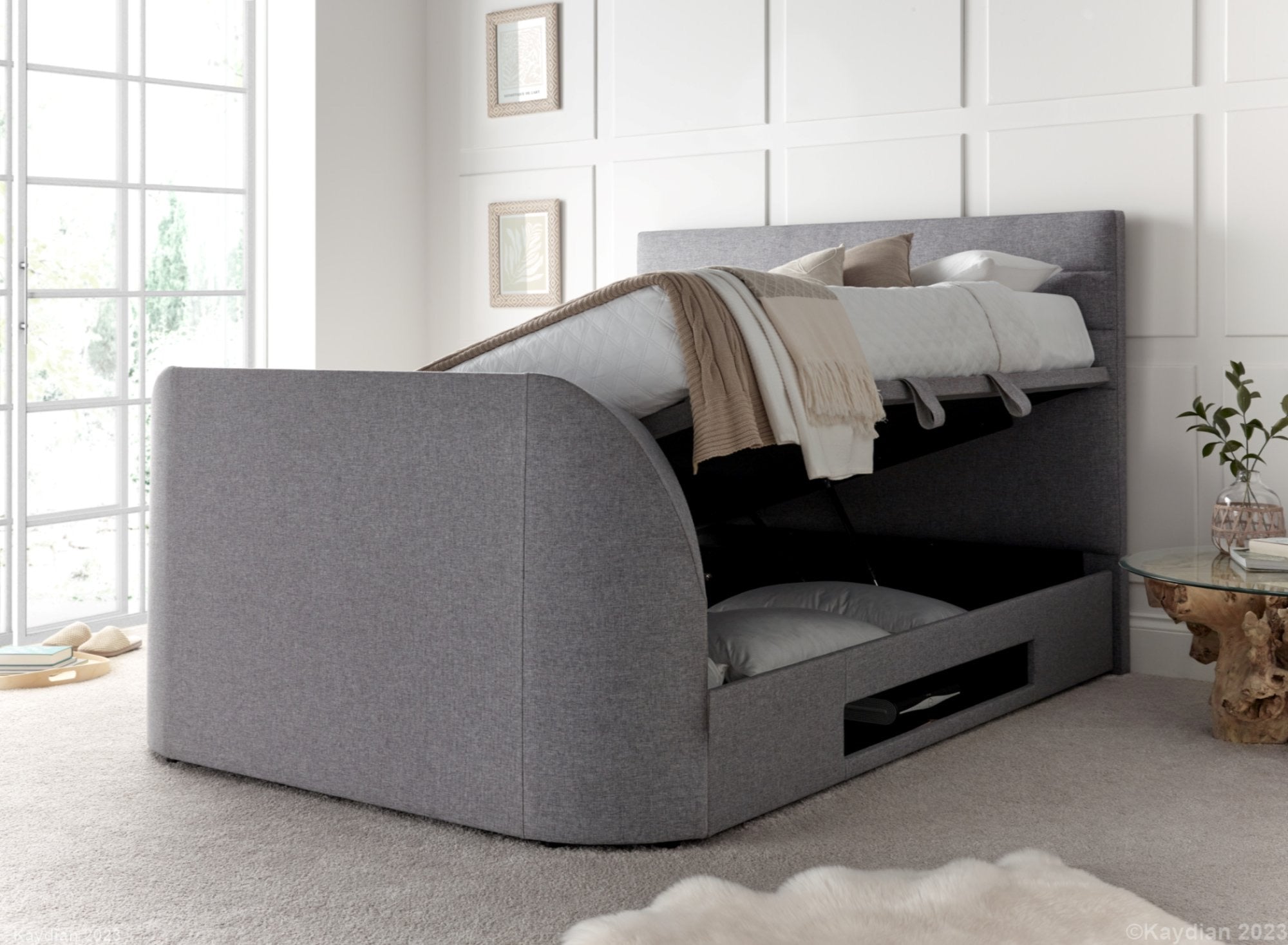 Premium Grey Ottoman Bed | Appleby TV Bed Solutions